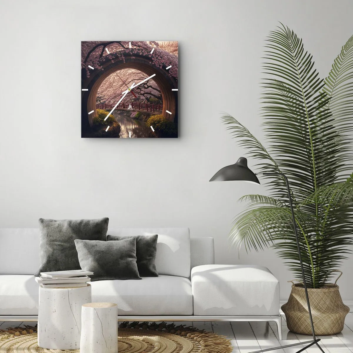 Wanduhr - Glasuhr - Eine traditionelle japanische Brücke, umgeben von Kirschblüten - 30x30cm - Japanischer Frühling - Moderne Wanddekoration für Wohnzimmer und Schlafzimmer ARTTOR