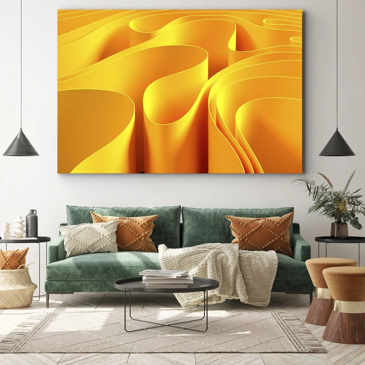 Bild auf Leinwand - Leinwandbild - Gelbe abstrakte Wellen, die Sonnenstrahlen ähneln - 100x70cm - Wie Sonnenwellen - Moderne Wanddekoration für Wohnzimmer und Schlafzimmer ARTTOR