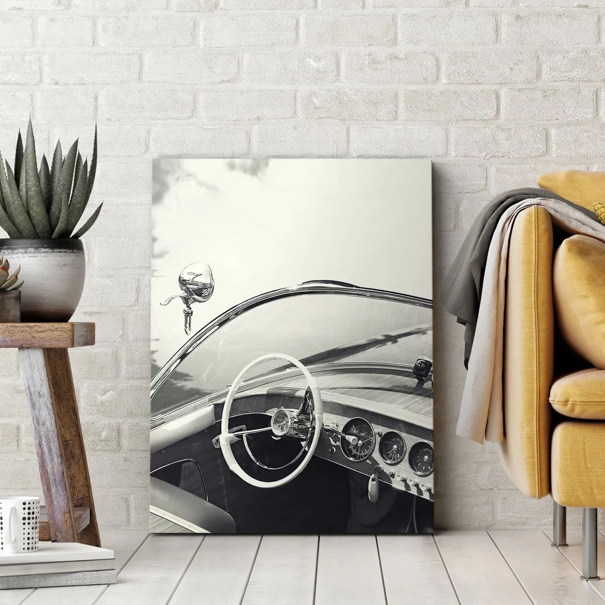 Bild auf Leinwand - Leinwandbild - Oldtimer-Innenraum im monochromen Stil - 80x120cm - Wetter für die Reichen - Moderne Wanddekoration für Wohnzimmer und Schlafzimmer ARTTOR