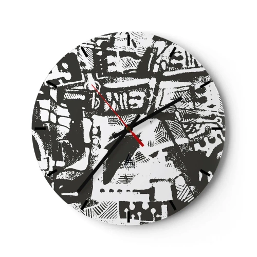 Wanduhr - Glasuhr - Schwarz-weißes abstraktes Muster mit geometrischen Formen - 30x30cm - Ordnung oder Chaos? - Moderne Wanddekoration für Wohnzimmer, Küche und Schlafzimmer ARTTOR