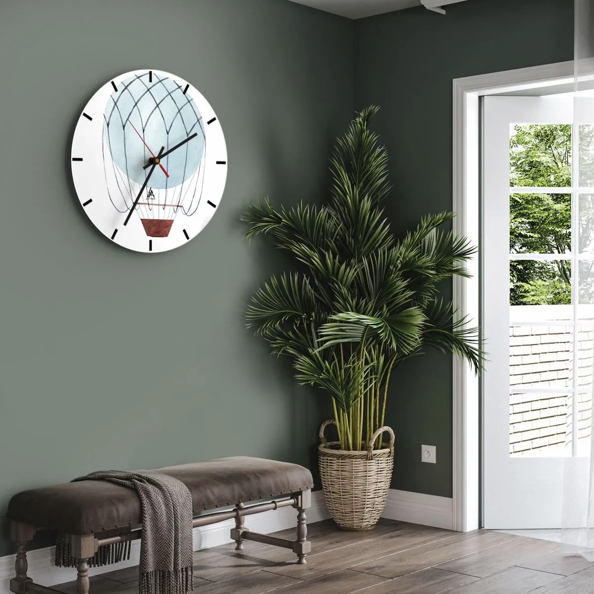 Wanduhr - Glasuhr - Illustration eines blauen Ballons auf weißem Hintergrund mit einem Korb - 30x30cm - Ganz in den Wolken - Moderne Wanddekoration für Wohnzimmer, Küche und Schlafzimmer ARTTOR