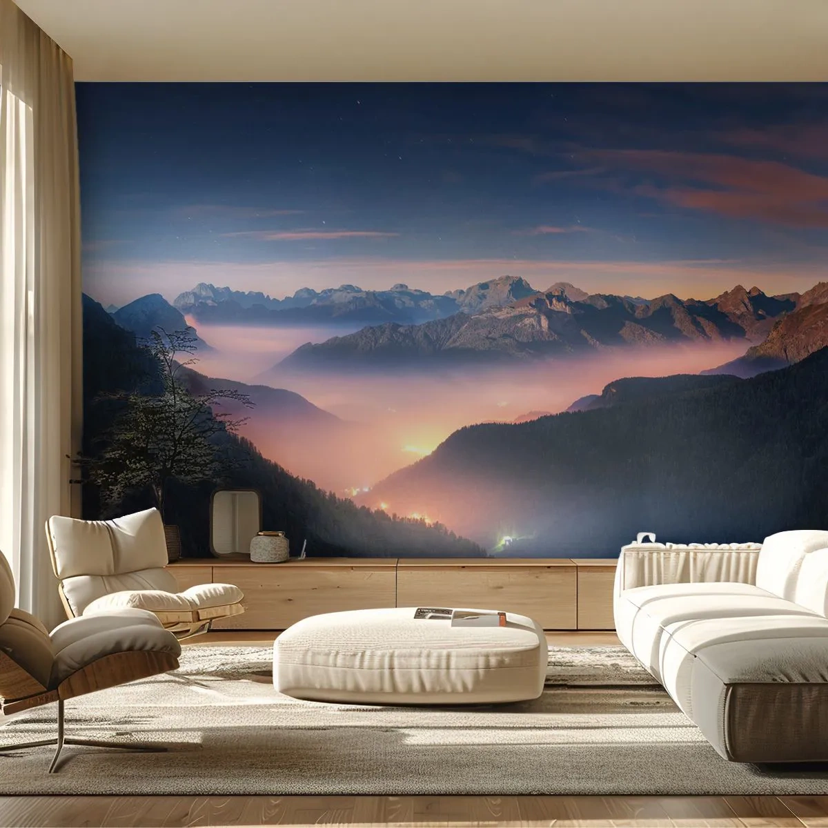 Fototapete Premium Canvas - Eine Berglandschaft mit einem nebelverhangenen Tal - 100x70cm - Licht in den Tälern - Moderne Wanddekoration für Wohnzimmer und Schlafzimmer ARTTOR