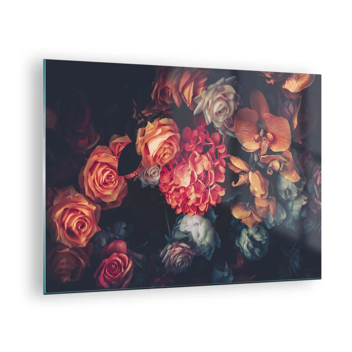 Glasbild - Bild auf glas - Dunkles Blumenarrangement mit Rosen und Orchideen - 70x50cm - Wie bei den holländischen Meistern - Moderne Wanddekoration für Wohnzimmer und Schlafzimmer ARTTOR