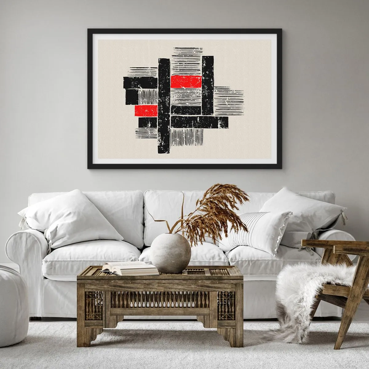 Poster in einem schwarzem Rahmen - Abstrakte geometrische Komposition in Schwarz und Rot - 70x50cm - Rot und Schwarz - Moderne Wanddekoration für Wohnzimmer und Schlafzimmer ARTTOR