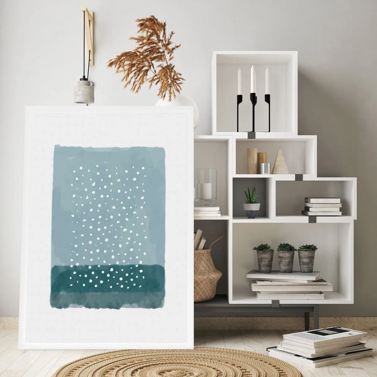 Poster - Eine abstrakte Komposition mit weißen Punkten auf blauem Hintergrund. - 50x70cm - Auf Blau gewachsen - Moderne Wanddekoration für Wohnzimmer und Schlafzimmer ARTTOR