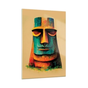 Glasbild - Bild auf glas - Ein farbenfrohes Porträt, inspiriert von einer Steinstatue auf beigem Hintergrund. - 50x70cm - Statuenhaft und sympathisch - Moderne Wanddekoration für Wohnzimmer und Schlafzimmer ARTTOR