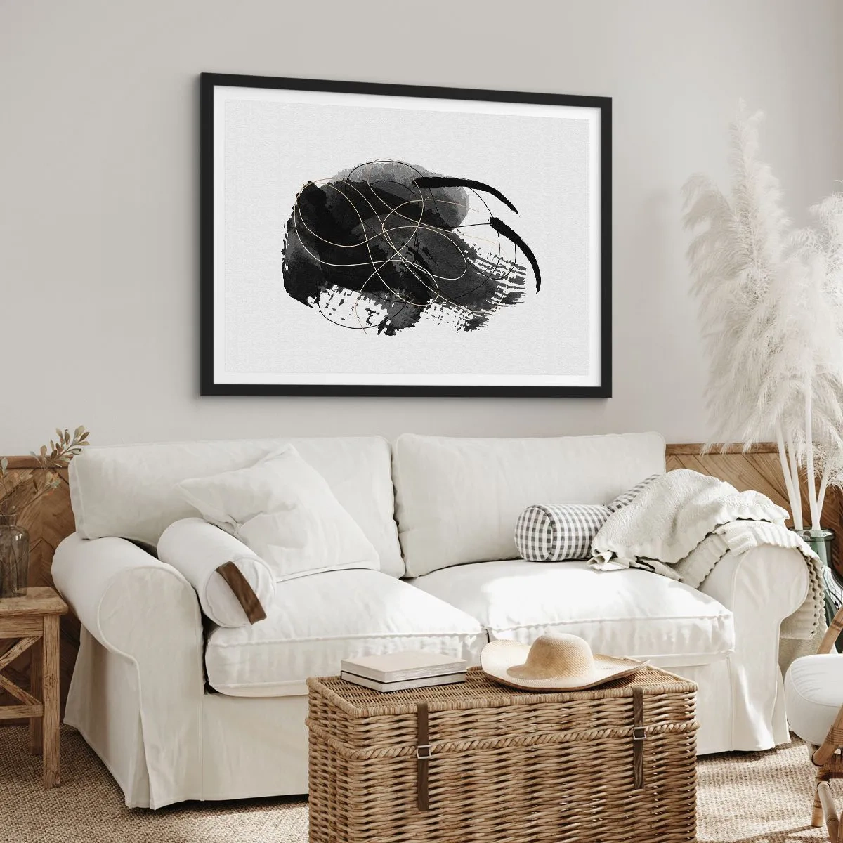 Poster in einem schwarzem Rahmen - Abstraktion in Schwarz und Gold auf weißem Hintergrund - 70x50cm - Aus Schwarz entstanden - Moderne Wanddekoration für Wohnzimmer und Schlafzimmer ARTTOR