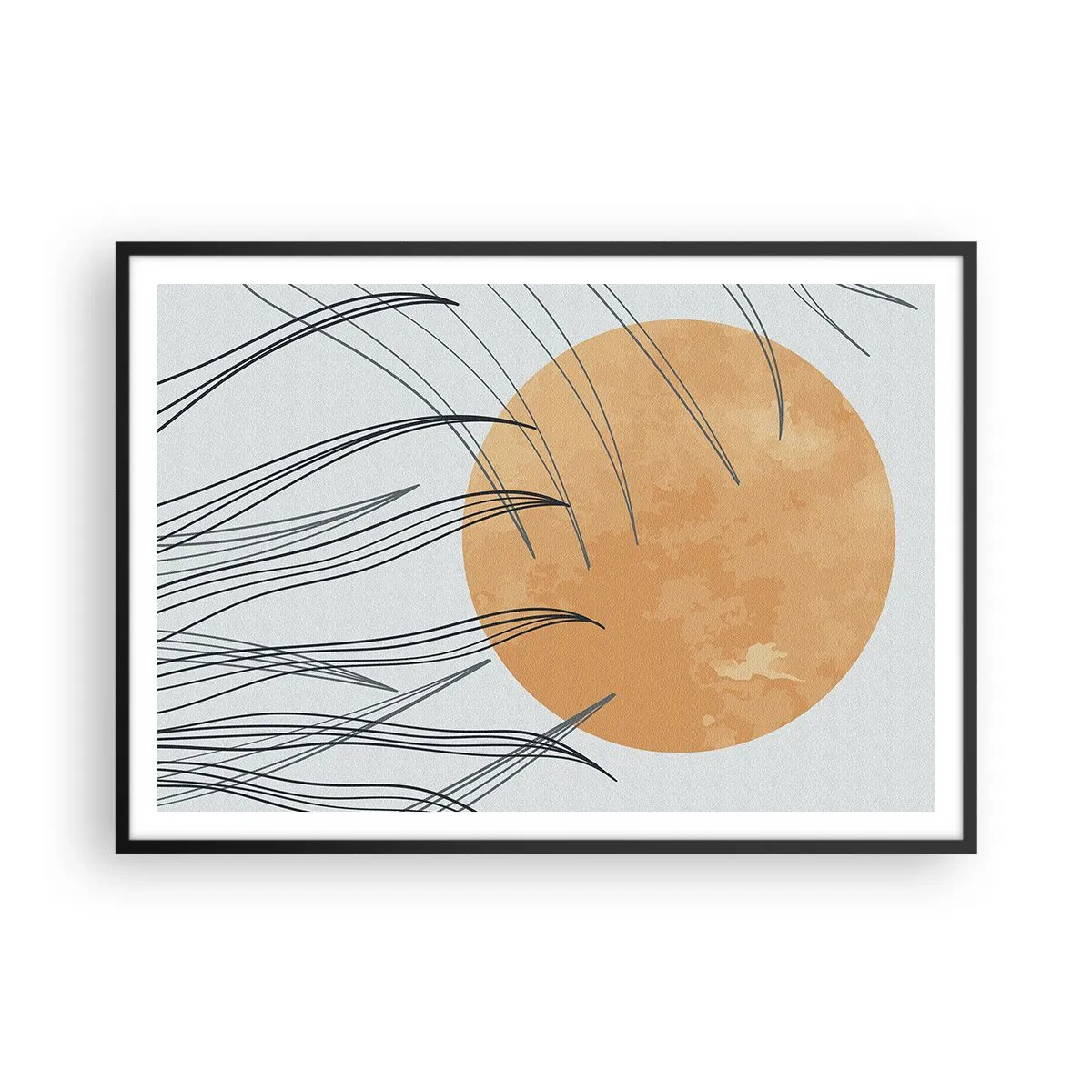 Poster in einem schwarzem Rahmen - Abstrakte Grashalme vor dem Hintergrund einer großen orangefarbenen Sonne - 100x70cm - Immer der Sonne entgegen - Moderne Wanddekoration für Wohnzimmer und Schlafzimmer ARTTOR