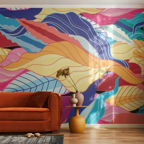 Fototapete Premium Sand - Bunte Blattgrafiken im abstrakten Stil - 100x70cm - Buntes Durcheinander - Moderne Wanddekoration für Wohnzimmer und Schlafzimmer ARTTOR