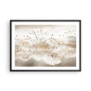 Poster in einem schwarzem Rahmen - Goldene Vögel vor den nebligen Bergen - 70x50cm - Es ist schon die Zeit… - Moderne Wanddekoration für Wohnzimmer und Schlafzimmer ARTTOR