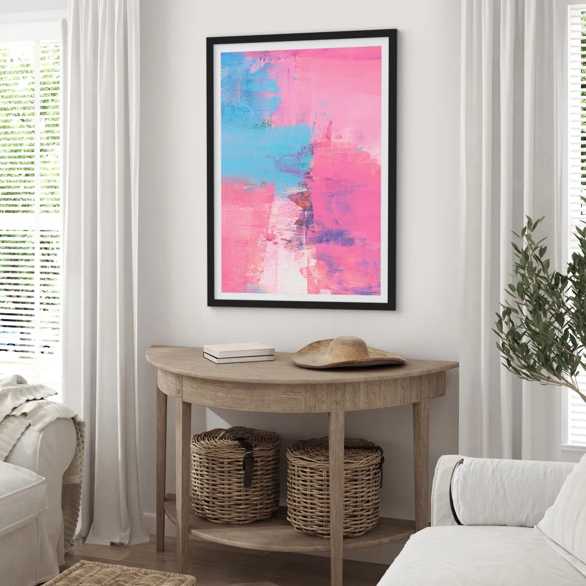 Poster in einem schwarzem Rahmen - Abstrakte Komposition in Rosa- und Blautönen - 50x70cm - Rosa, Blau und eine Prise Licht - Moderne Wanddekoration für Wohnzimmer und Schlafzimmer ARTTOR