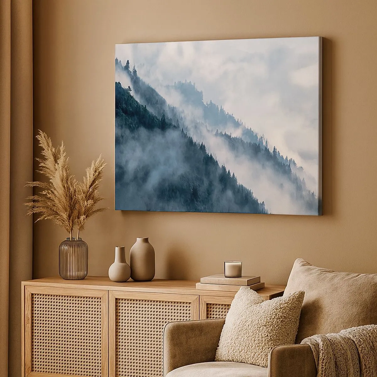 Bild auf Leinwand - Leinwandbild - Nebel schwebt über den bewaldeten Berghängen in einer geheimnisvollen Landschaft - 70x50cm - Mystik der Berge - Moderne Wanddekoration für Wohnzimmer und Schlafzimmer ARTTOR