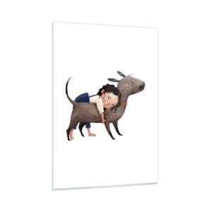 Glasbild - Bild auf glas - Ein Mädchen umarmt einen großen Hund auf weißem Hintergrund - 50x70cm - Beste Freunde - Moderne Wanddekoration für Wohnzimmer und Schlafzimmer ARTTOR