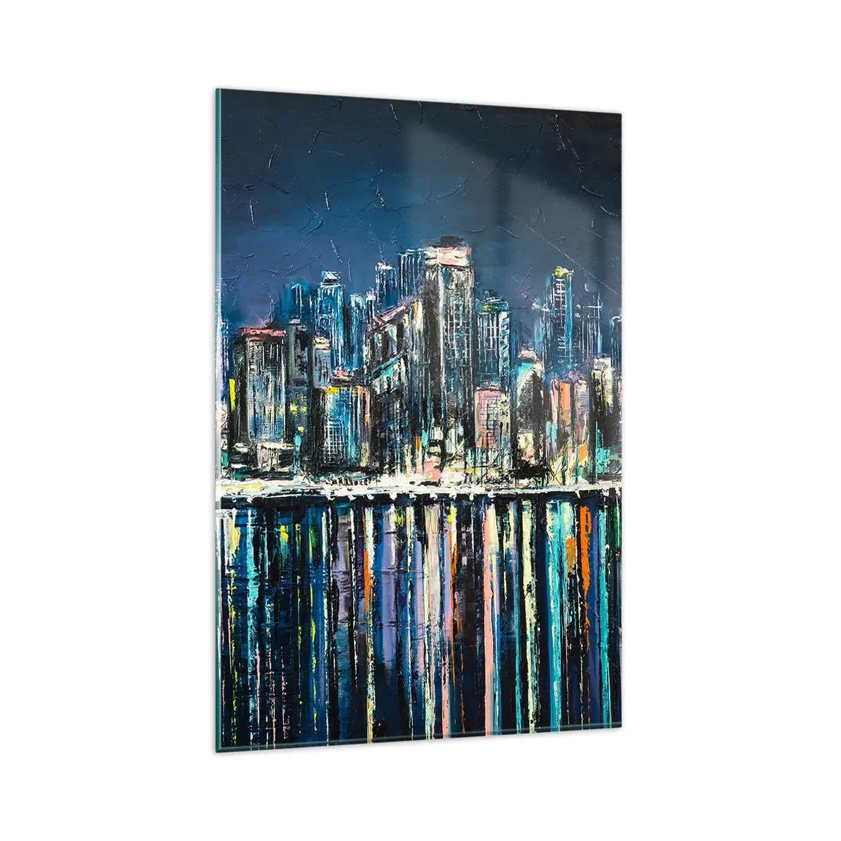Glasbild - Bild auf glas - Panorama der nächtlichen Stadt, die sich im Wasser spiegelt - 80x120cm - Kaskade von Lichtern - Moderne Wanddekoration für Wohnzimmer und Schlafzimmer ARTTOR