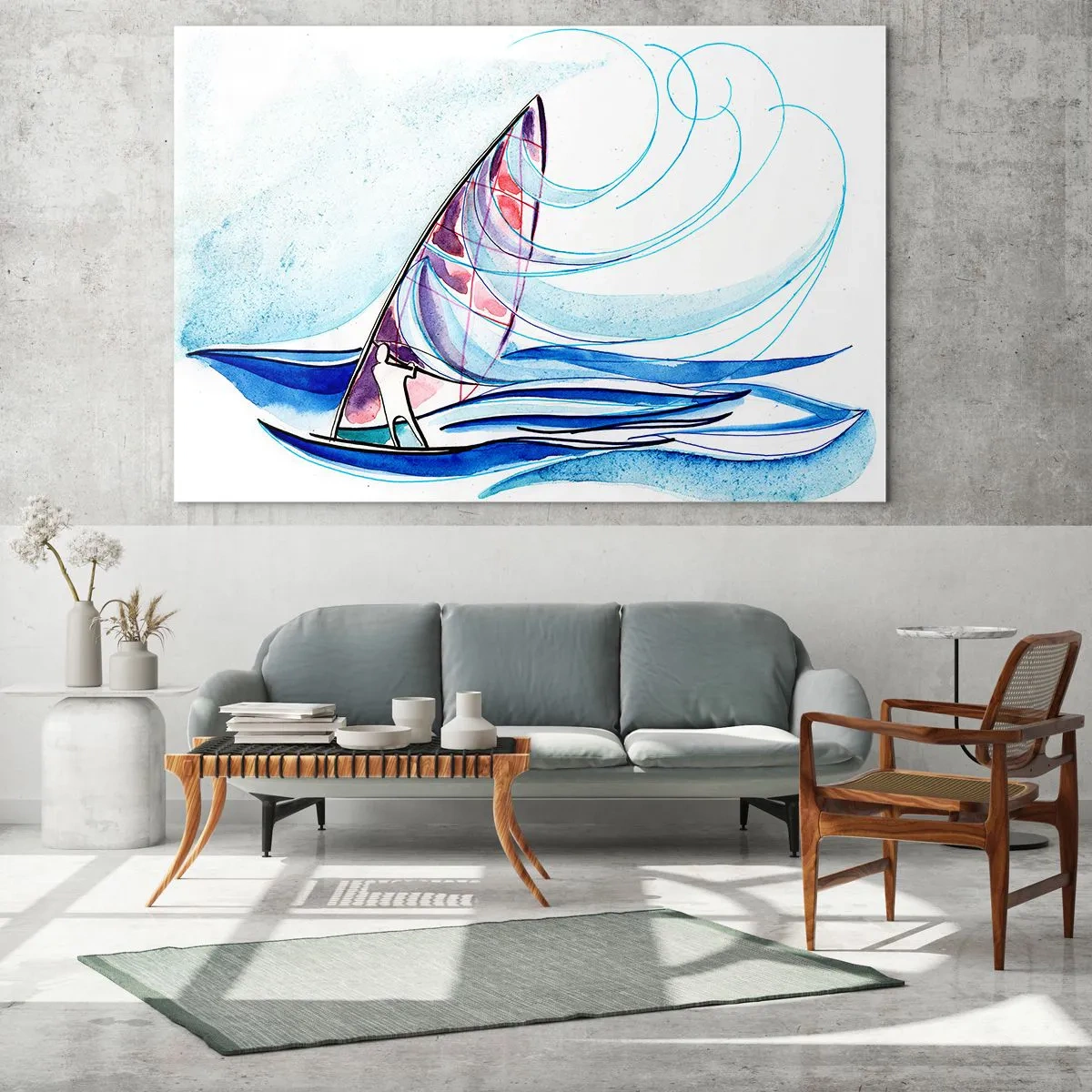 Glasbild - Bild auf glas - Ein Segelboot auf den Wellen im Aquarellstil - 100x70cm - Mit dem Wind im Rhythmus der Wellen - Moderne Wanddekoration für Wohnzimmer und Schlafzimmer ARTTOR