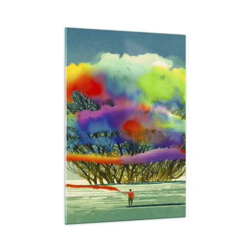 Glasbild - Bild auf glas - Eine Figur mit farbigem Rauch im Hintergrund eines Baumes in der Wildnis - 70x100cm - Erwecke diese Welt zum Leben - Moderne Wanddekoration für Wohnzimmer und Schlafzimmer ARTTOR