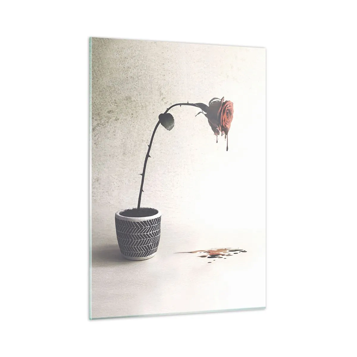 Glasbild - Bild auf glas - Eine symbolische Rose in einem Topf mit tropfender Farbe - 50x70cm - Rosa dolorosa - Moderne Wanddekoration für Wohnzimmer und Schlafzimmer ARTTOR