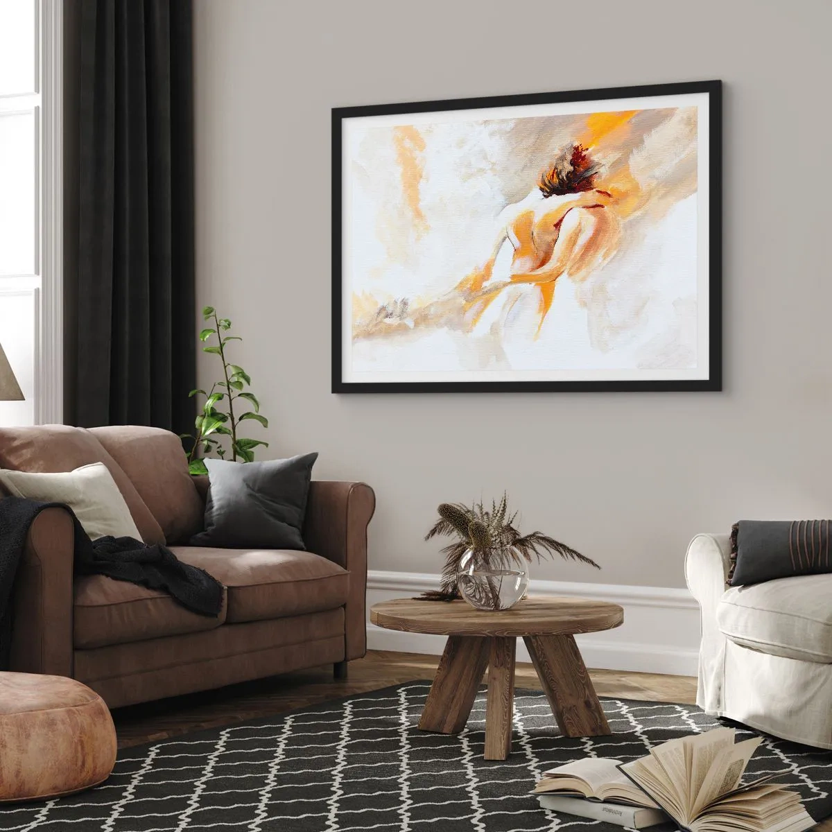 Poster in einem schwarzem Rahmen - Abstrakte Szene einer romantischen Umarmung - 70x50cm - Am Himmel der Nähe - Moderne Wanddekoration für Wohnzimmer und Schlafzimmer ARTTOR