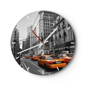 Wanduhr - Glasuhr - Gelbe Taxis auf den Straßen der Stadt in Grautönen - 30x30cm - Sonnen der Großstadt - Moderne Wanddekoration für Wohnzimmer, Küche und Schlafzimmer ARTTOR