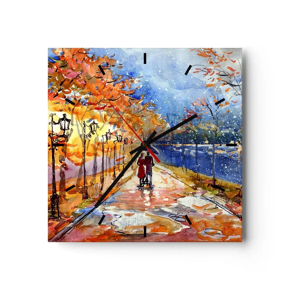 Wanduhr - Glasuhr - Ein Herbstspaziergang im Park am Flussufer unter einem Regenschirm - 30x30cm - Gemeinsam bis an die Grenze der Zeit - Moderne Wanddekoration für Wohnzimmer und Schlafzimmer ARTTOR