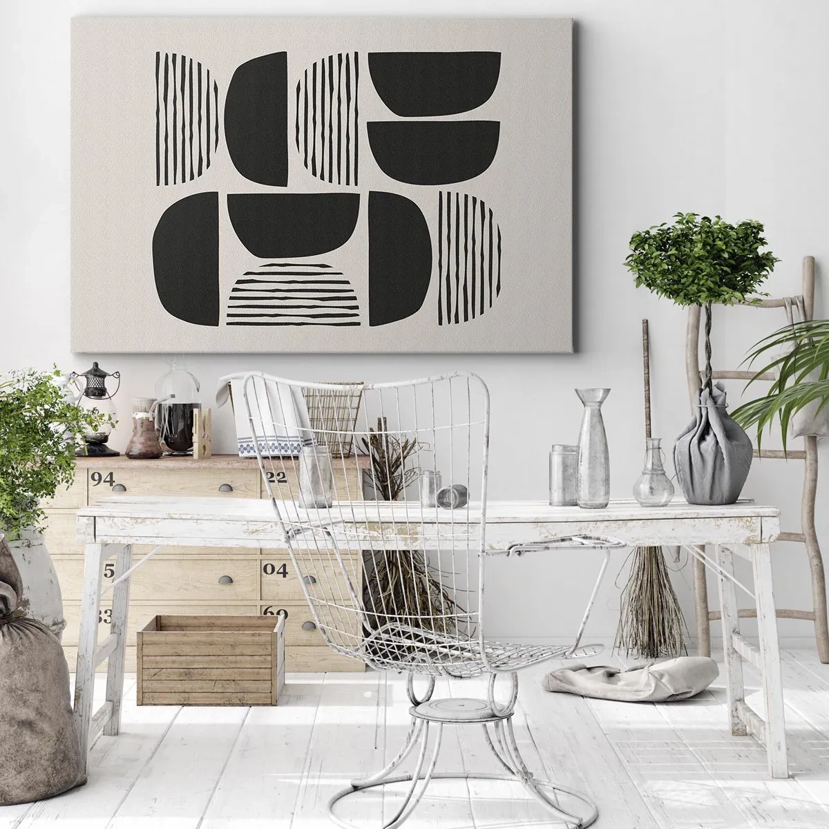 Bild auf Leinwand - Leinwandbild - Geometrie mit Halbkreisen und Linien in Schwarz auf hellem Hintergrund - 120x80cm - Halbherzige Deals - Moderne Wanddekoration für Wohnzimmer und Schlafzimmer ARTTOR