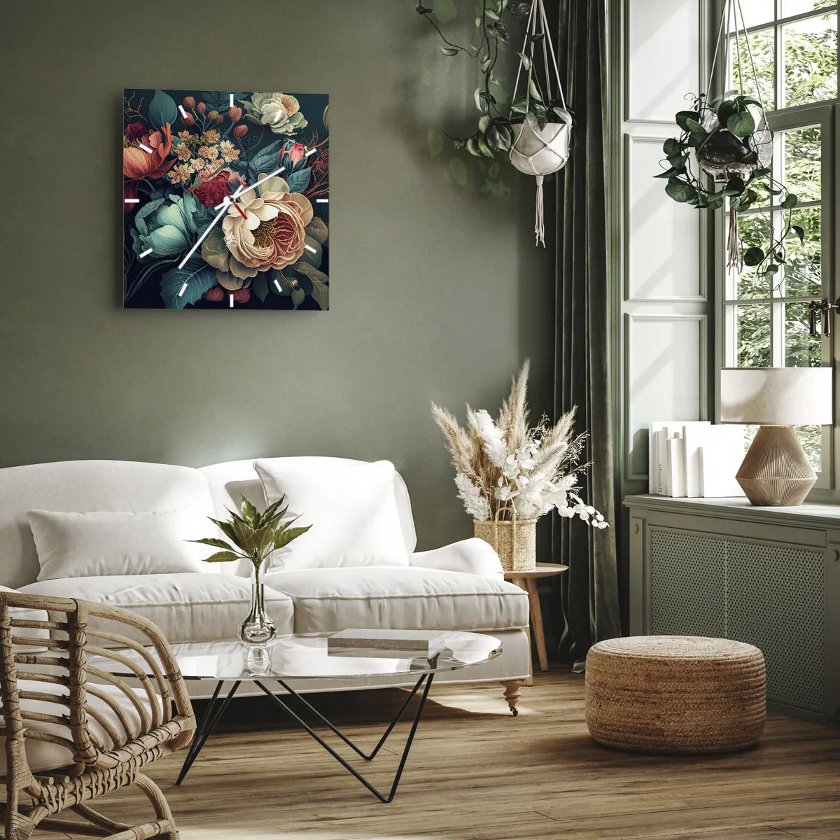 Wanduhr - Glasuhr - Eine farbenfrohe Blumenkomposition auf dunklem Hintergrund - 30x30cm - Charme des 19. Jahrhunderts - Moderne Wanddekoration für Wohnzimmer und Schlafzimmer ARTTOR