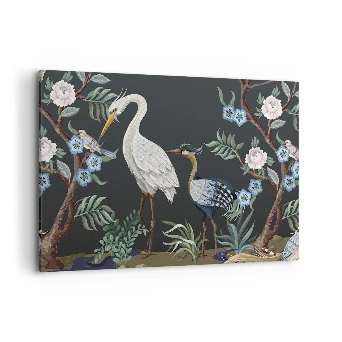 Bild auf Leinwand - Leinwandbild - Gemalte Vögel und Pflanzen auf dunklem Hintergrund mit elegantem Muster - 120x80cm - Vogelparade - Moderne Wanddekoration für Wohnzimmer und Schlafzimmer ARTTOR