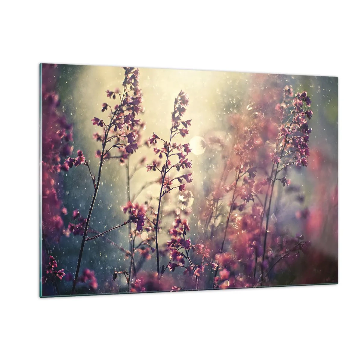 Glasbild - Bild auf glas - Blumen im Sonnenlicht im sanften Regen - 120x80cm - Geheimnisvoller Garten - Moderne Wanddekoration für Wohnzimmer und Schlafzimmer ARTTOR