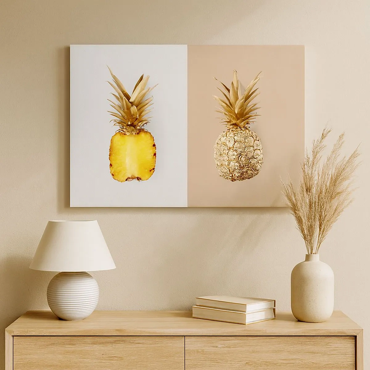 Bild auf Leinwand - Leinwandbild - Eine halbe frische, goldene Ananas auf kontrastierendem Hintergrund - 70x50cm - Ananas für uns - Moderne Wanddekoration für Wohnzimmer und Schlafzimmer ARTTOR