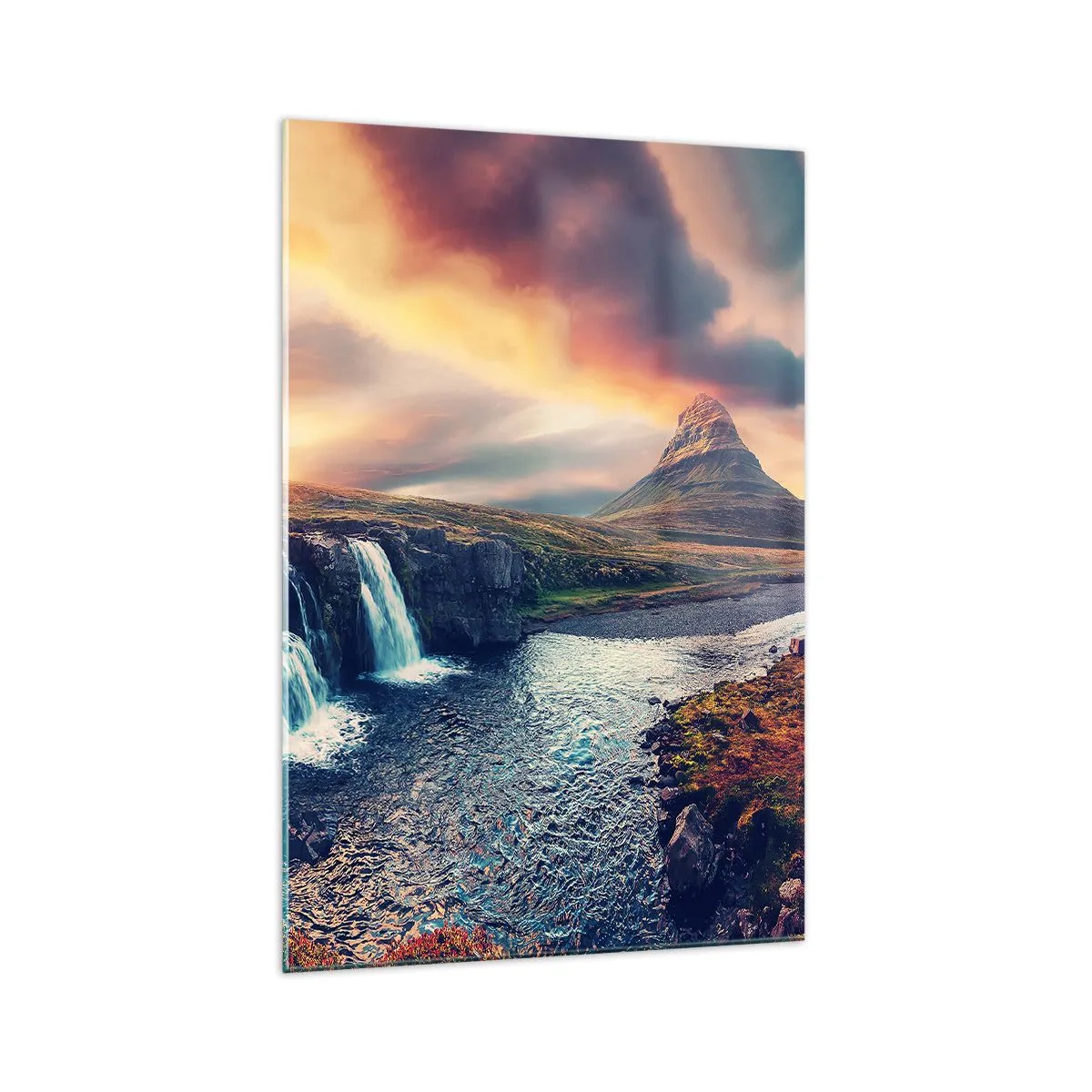 Glasbild - Bild auf glas - Blick auf den Wasserfall und die Berge im Licht der untergehenden Sonne - 70x100cm - In der Majestät der Natur - Moderne Wanddekoration für Wohnzimmer und Schlafzimmer ARTTOR