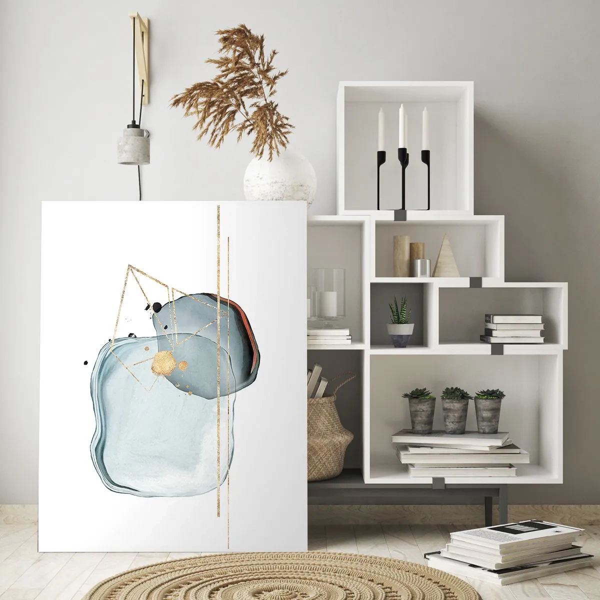 Glasbild - Bild auf glas - Moderne Abstraktion mit Tropfen und goldenen geometrischen Linien - 50x70cm - Eine Studie über Tropfen - Moderne Wanddekoration für Wohnzimmer und Schlafzimmer ARTTOR