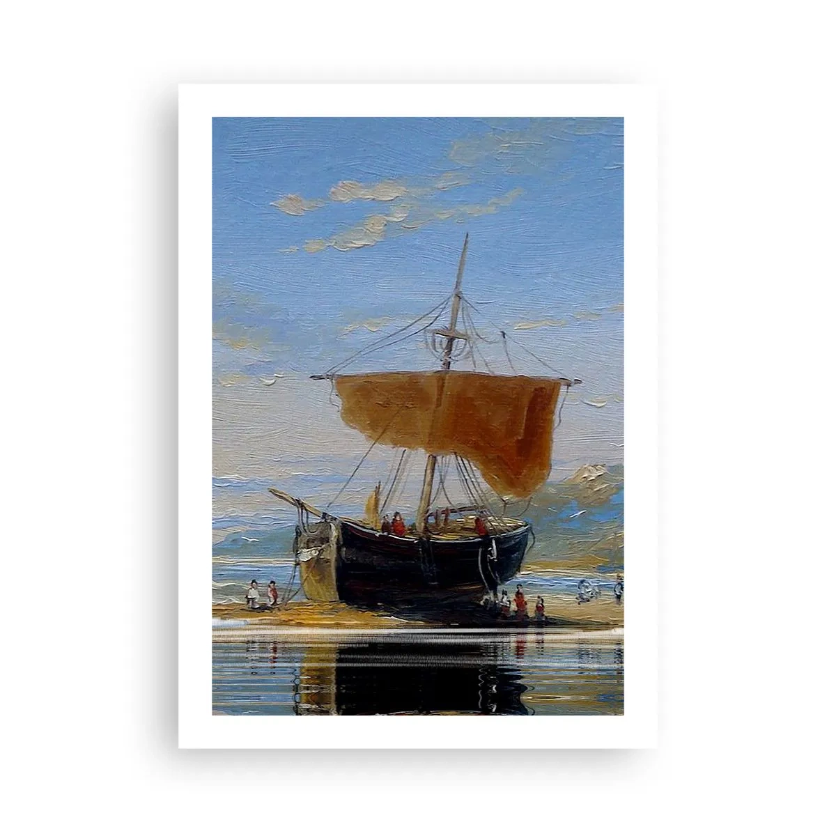 Poster - Ein traditionelles Segelboot am Ufer mit seiner Spiegelung im Wasser - 50x70cm - Wasser, Land, Luft - Moderne Wanddekoration für Wohnzimmer und Schlafzimmer ARTTOR