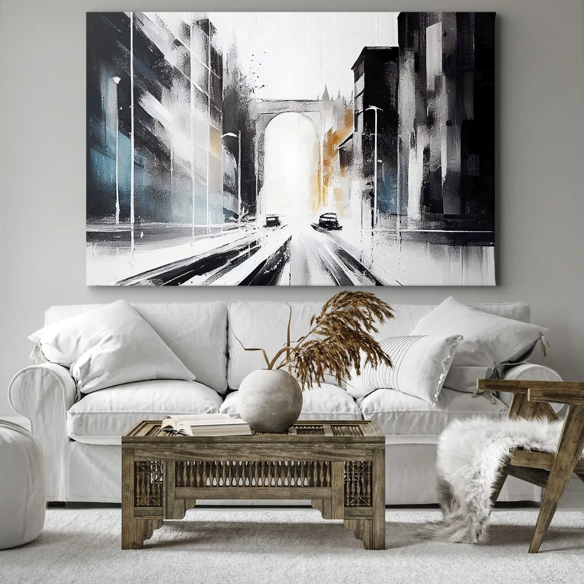 Bild auf Leinwand - Leinwandbild - Abstraktes Stadtpanorama mit einer Bogenbrücke - 120x80cm - Stadtstudie: Architektur und Bewegung - Moderne Wanddekoration für Wohnzimmer und Schlafzimmer ARTTOR