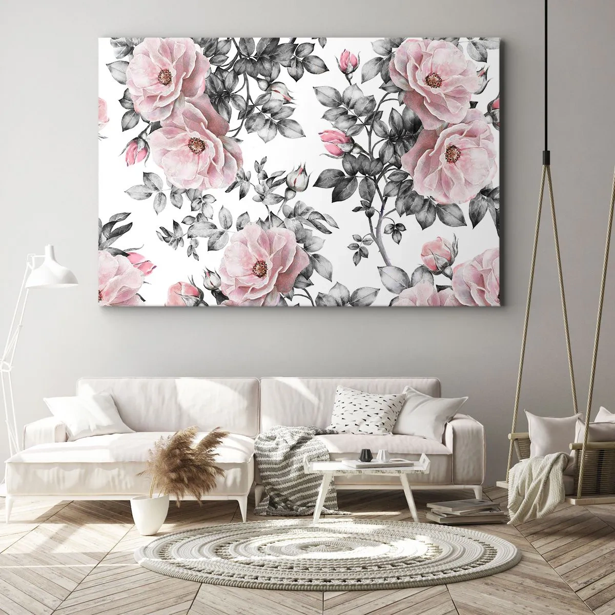 Bild auf Leinwand - Leinwandbild - Rosa Rosen und Blätter auf einem zarten schwarz-weißen Hintergrund - 70x50cm - Verliere dich in den Blüten der Rosen - Moderne Wanddekoration für Wohnzimmer und Schlafzimmer ARTTOR