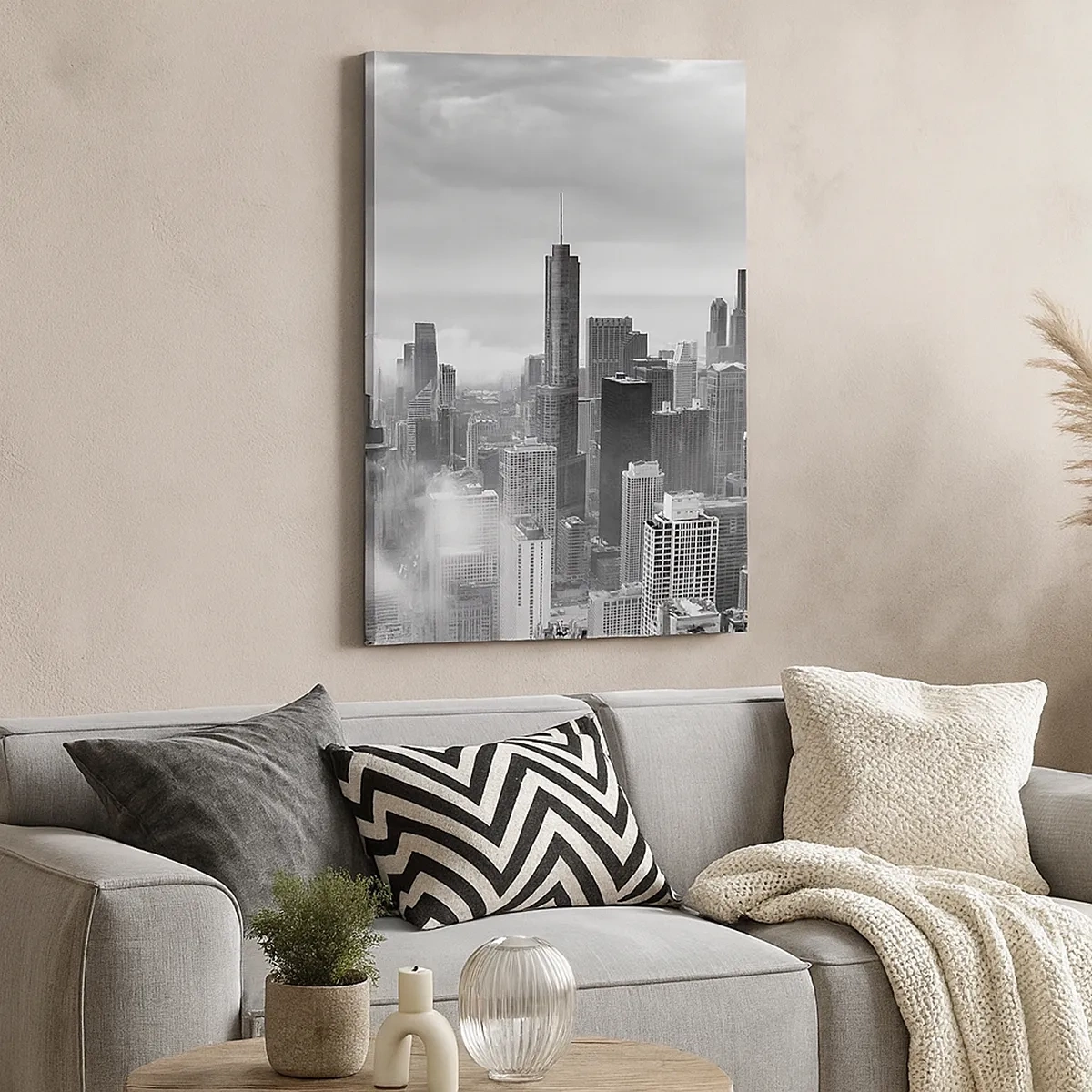 Bild auf Leinwand - Leinwandbild - Stadtpanorama mit Wolkenkratzern in den Wolken in Schwarzweiß - 50x70cm - Amerikanische Landschaft - Moderne Wanddekoration für Wohnzimmer und Schlafzimmer ARTTOR