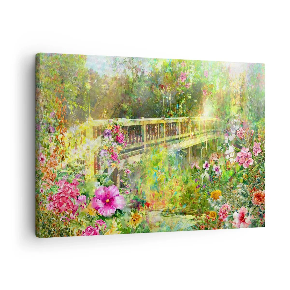 Bild auf Leinwand - Leinwandbild - Eine Brücke umgeben von üppiger Vegetation und Blumen - 70x50cm - Eine Brücke aus Frühlingsseufzern - Moderne Wanddekoration für Wohnzimmer und Schlafzimmer ARTTOR