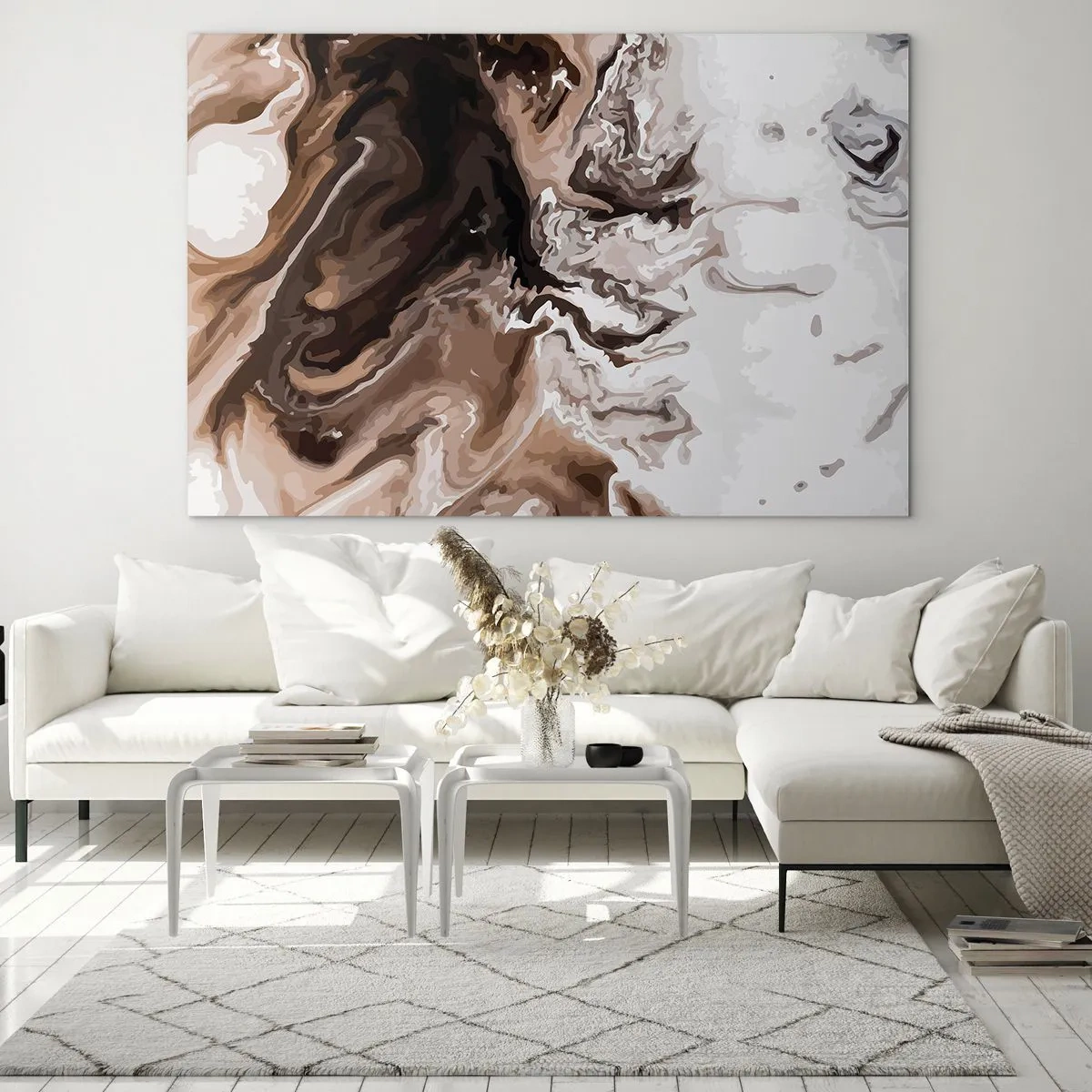 Glasbild - Bild auf glas - Abstraktes Muster in dunklen Braun- und Weißtönen - 100x70cm - Farbkontrast - Moderne Wanddekoration für Wohnzimmer und Schlafzimmer ARTTOR