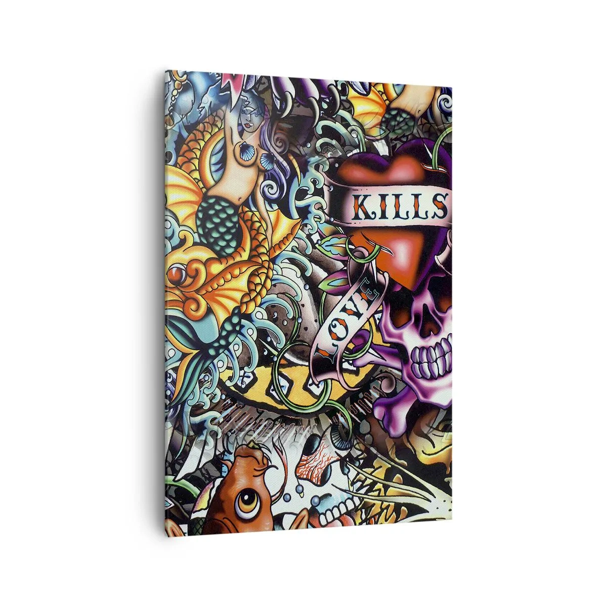 Bild auf Leinwand - Leinwandbild - Farbenfrohe Kunstwerke im Tattoo-Stil mit Totenköpfen und nautischen Motiven - 70x100cm - Der Traum des Tätowierers - Moderne Wanddekoration für Wohnzimmer und Schlafzimmer ARTTOR