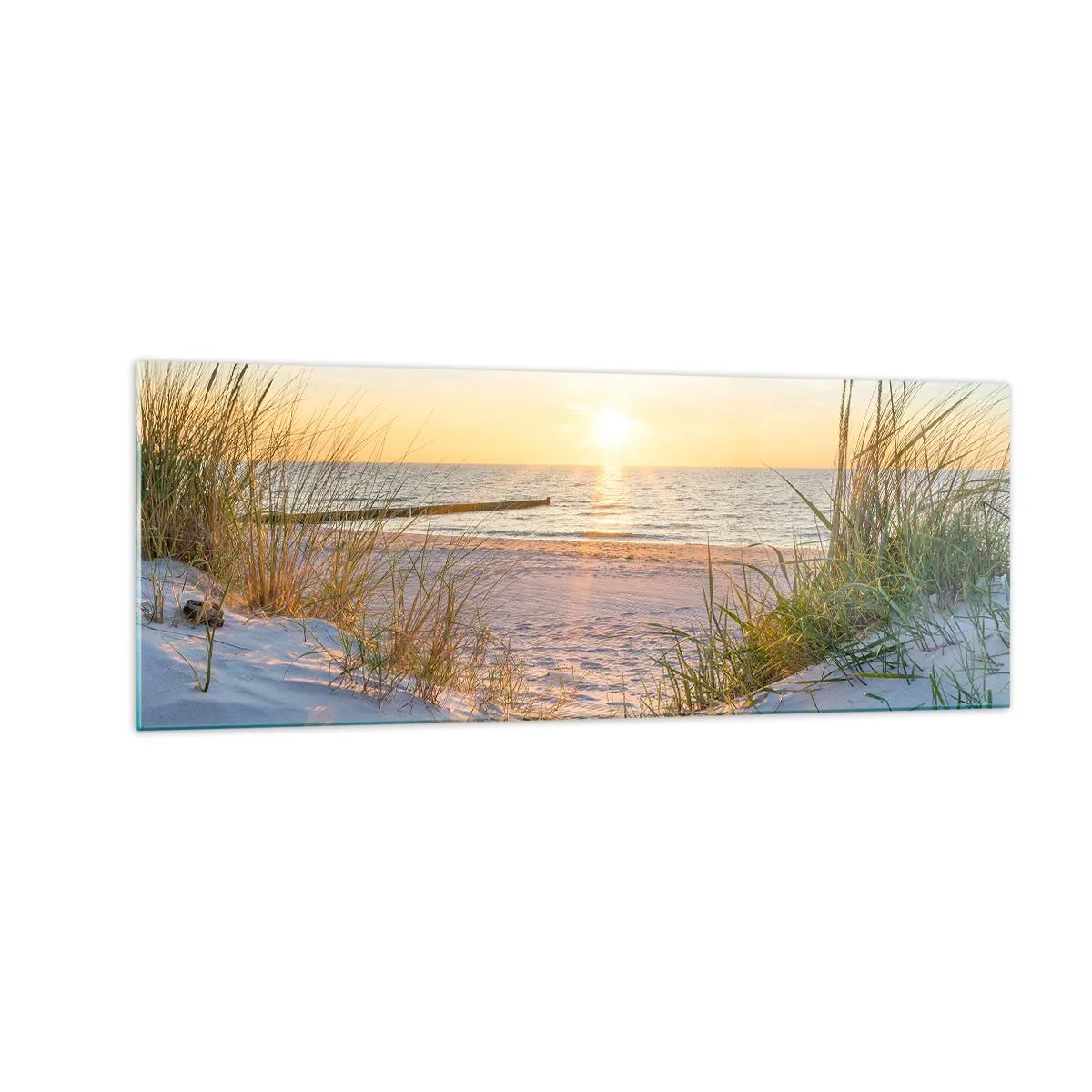 Glasbild - Bild auf glas - Ein Sandstrand mit Blick auf den Sonnenuntergang über dem Meer - 140x50cm - Das Rauschen des Meeres, der Gesang der Vögel, ein wilder Strand im Gras ... - Moderne Wanddekoration für Wohnzimmer und Schlafzimmer ARTTOR