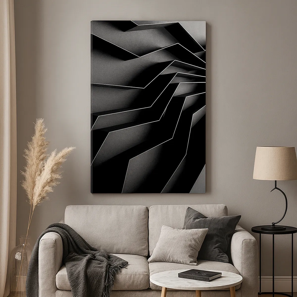 Bild auf Leinwand - Leinwandbild - Schwarz-weiße Abstraktion mit geometrischen Strukturen - 50x70cm - Räumliche Ordnung - Moderne Wanddekoration für Wohnzimmer und Schlafzimmer ARTTOR