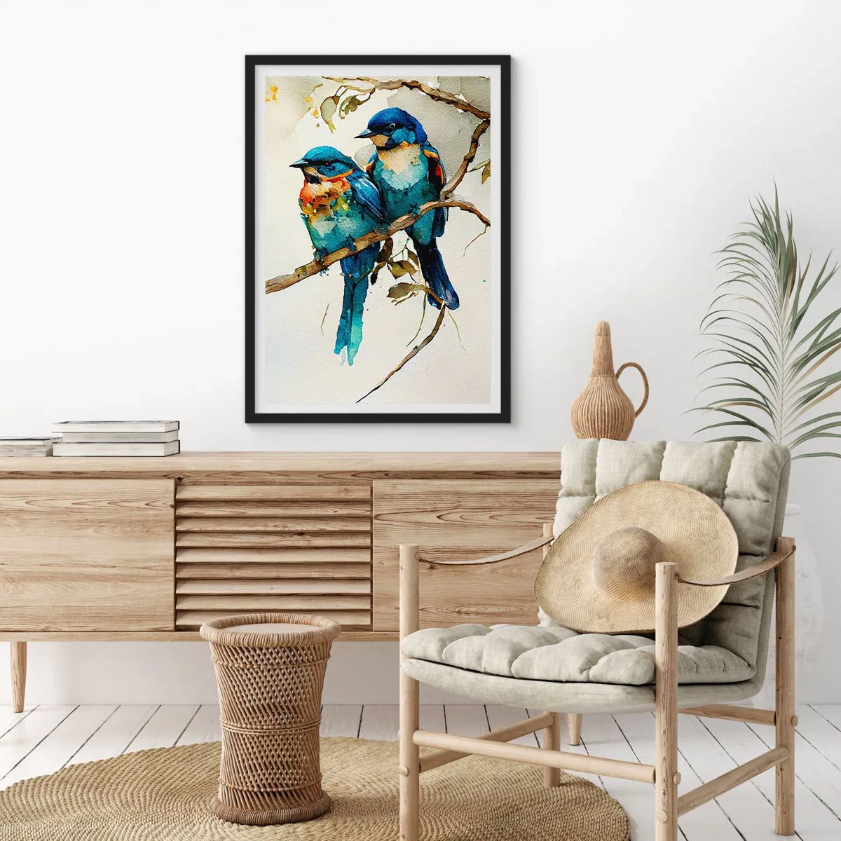 Poster in einem schwarzem Rahmen - Aquarellvögel auf einem Ast in Blau- und Brauntönen - 50x70cm - War er beleidigt? - Moderne Wanddekoration für Wohnzimmer und Schlafzimmer ARTTOR