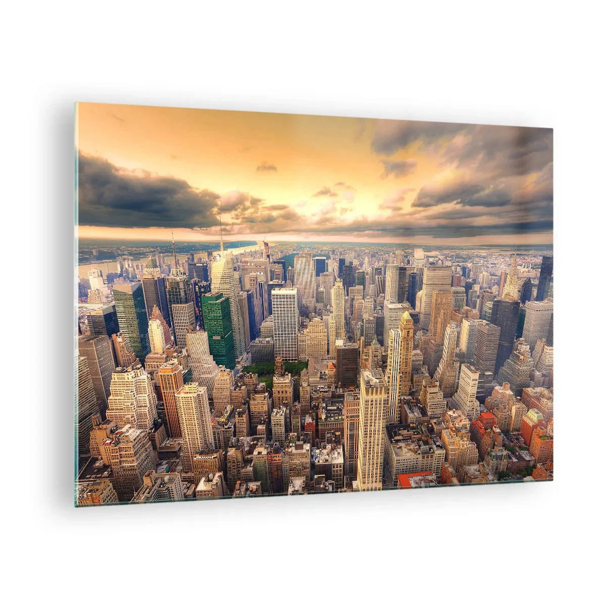 Glasbild - Bild auf glas - Stadtpanorama mit Wolkenkratzern bei Sonnenuntergang - 70x50cm - Vergoldete Metropole - Moderne Wanddekoration für Wohnzimmer und Schlafzimmer ARTTOR