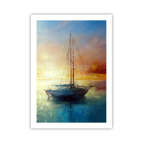 Poster - Eine Yacht auf ruhigem Meer bei Sonnenuntergang - 50x70cm - In einer goldenen Bucht - Moderne Wanddekoration für Wohnzimmer und Schlafzimmer ARTTOR