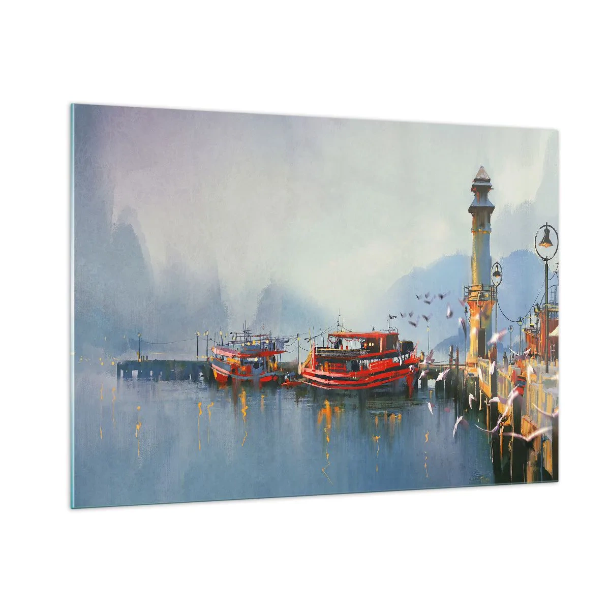Glasbild - Bild auf glas - Ein Hafen mit roten Booten, einem Leuchtturm und Vögeln vor der Kulisse der Berge - 100x70cm - Am Ende der Welt - Moderne Wanddekoration für Wohnzimmer und Schlafzimmer ARTTOR