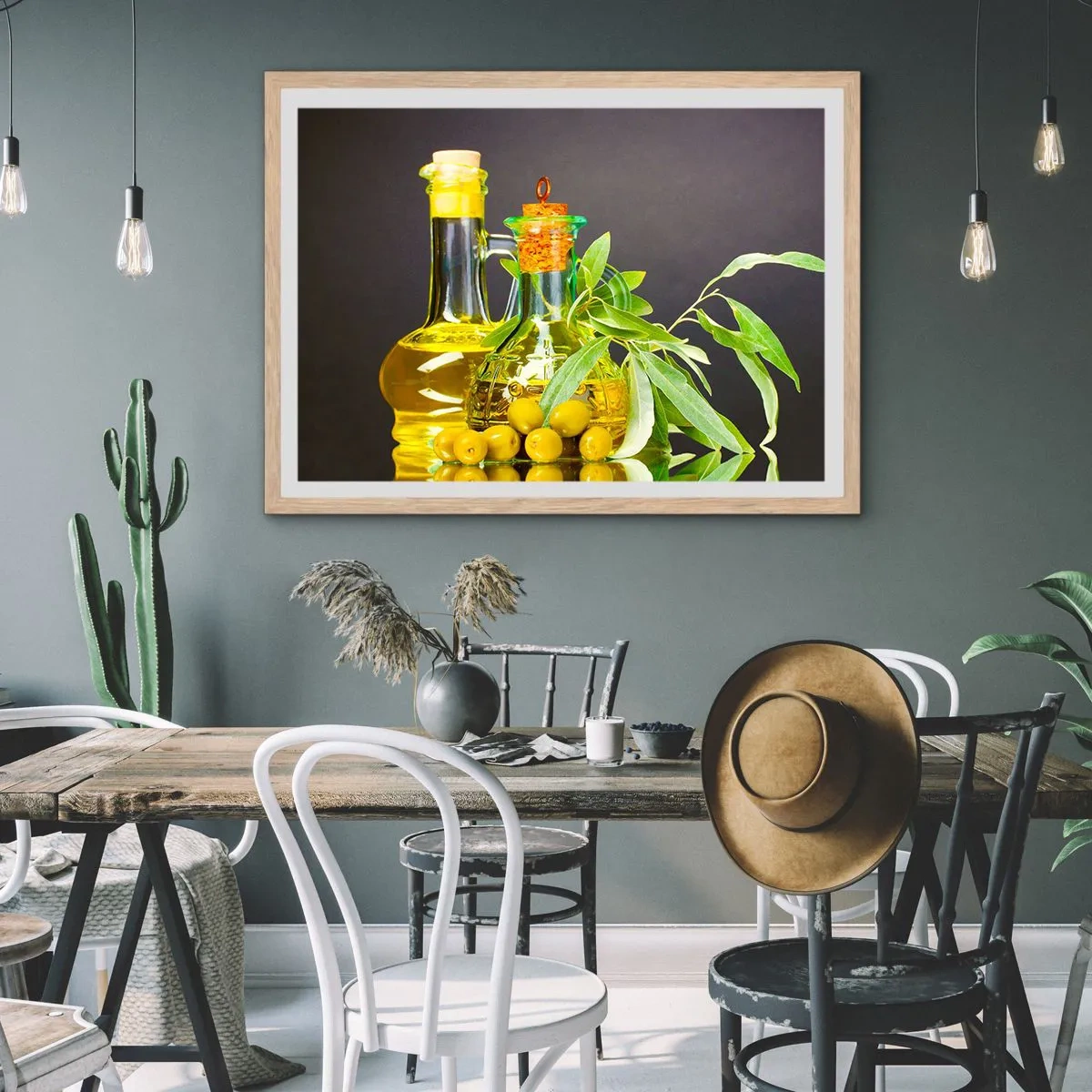 Poster in einem Rahmen aus heller Eiche - Stillleben mit Oliven und Olivenöl - 40x30 cm