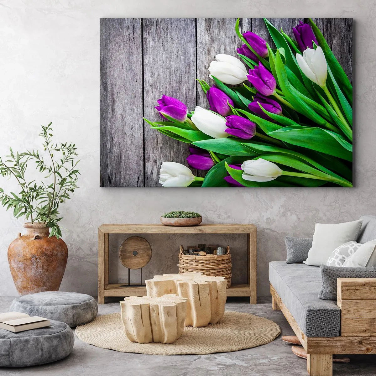 Bild auf Leinwand - Leinwandbild - Ein Strauß lila und weißer Tulpen auf einem hölzernen Hintergrund - 70x50cm - Am Tag der Frühlingsferien - Moderne Wanddekoration für Wohnzimmer und Schlafzimmer ARTTOR