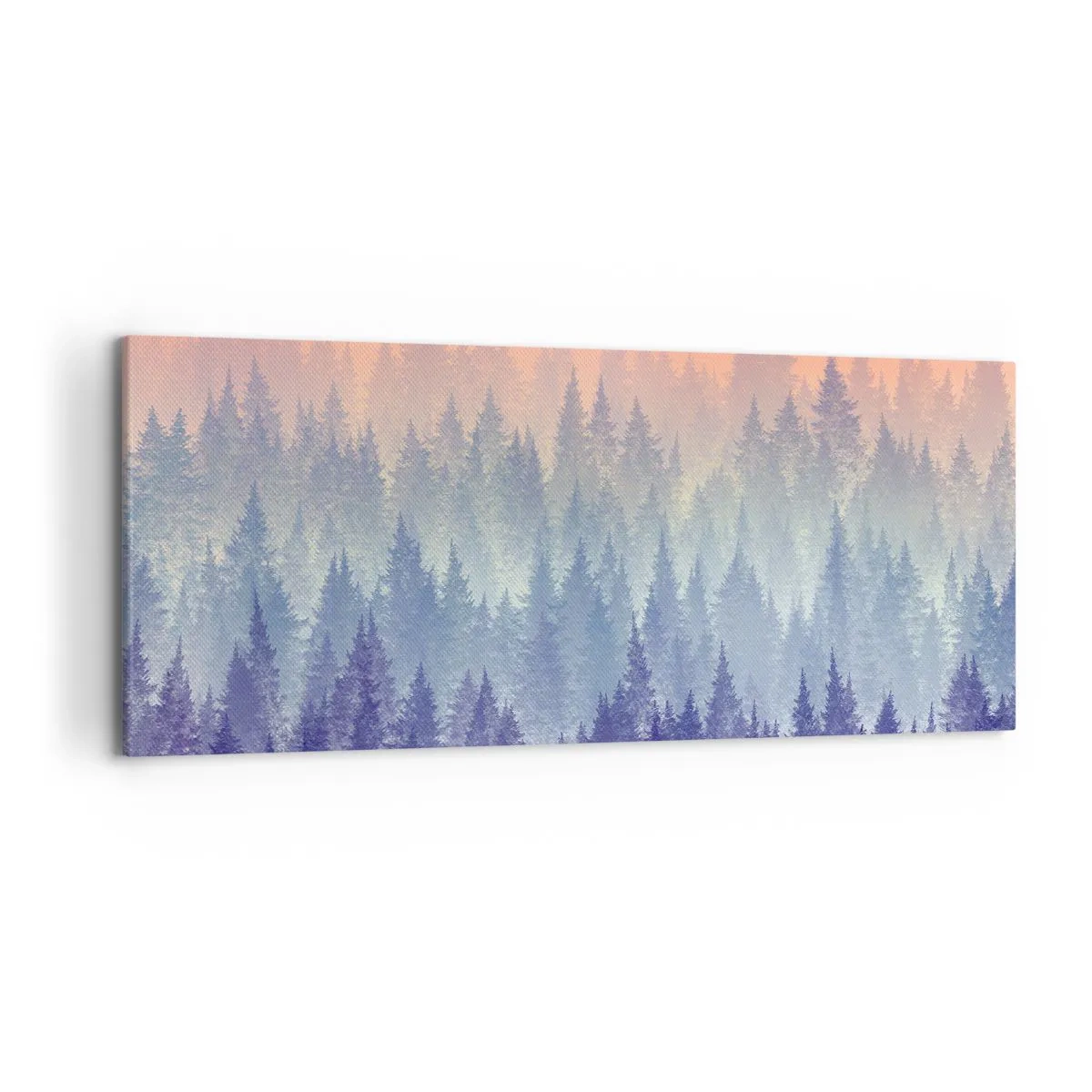 Bild auf Leinwand - Leinwandbild - Ein nebliger Wald in Lila- und Orangetönen - 120x50cm - Hoch, höher, zum Himmel - Moderne Wanddekoration für Wohnzimmer und Schlafzimmer ARTTOR