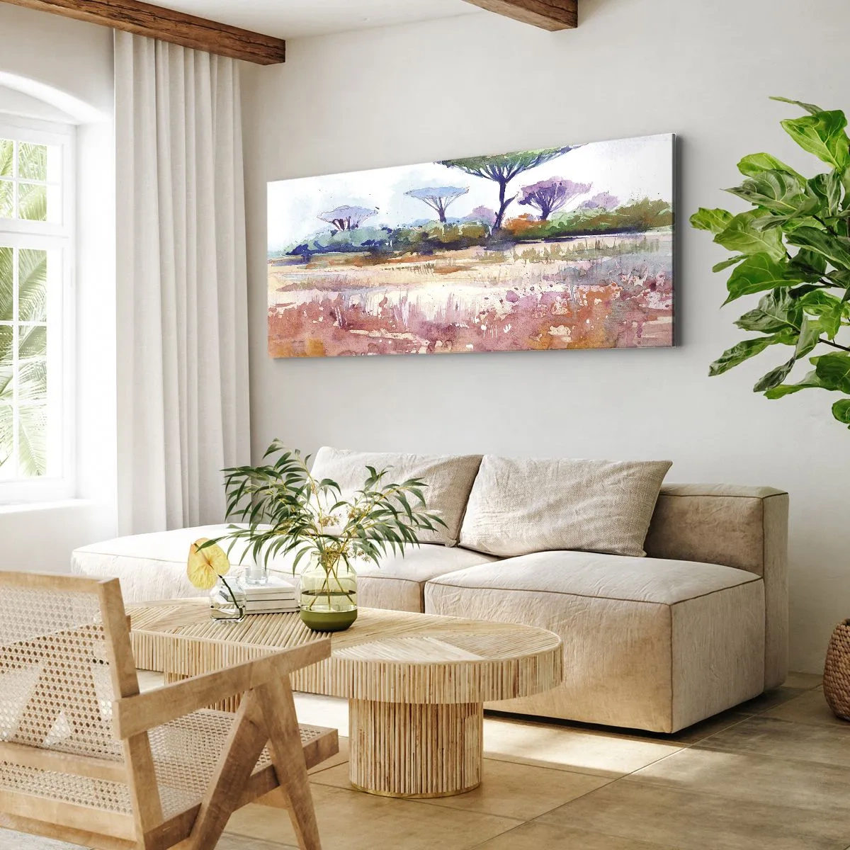 Bild auf Leinwand - Leinwandbild - Eine malerische Savannenlandschaft in Aquarellfarben - 160x50cm - Savannah-Farben - Moderne Wanddekoration für Wohnzimmer und Schlafzimmer ARTTOR