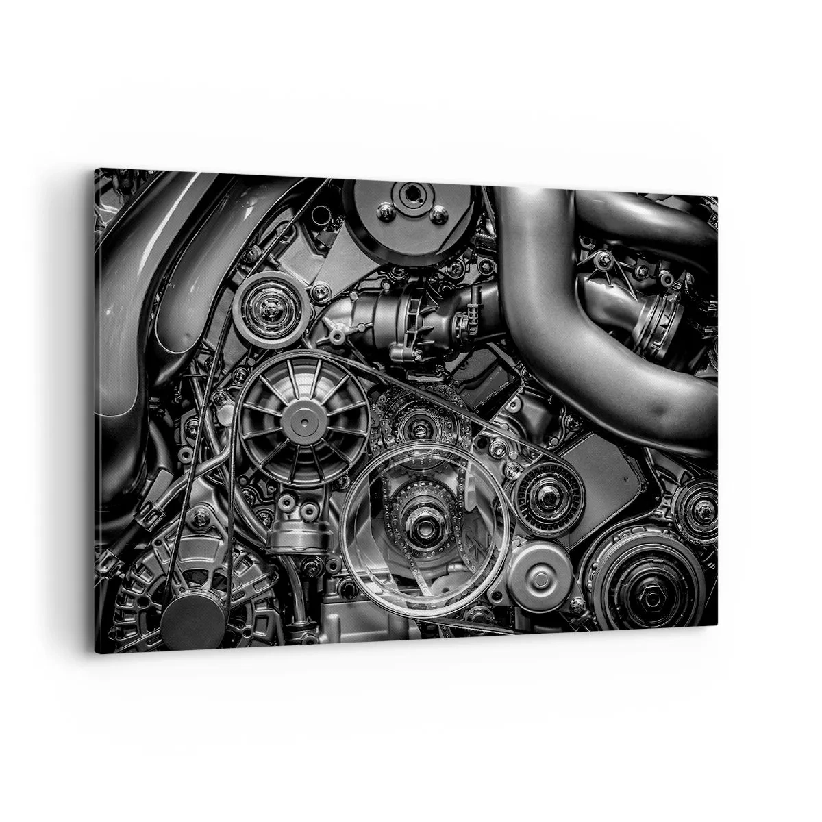 Bild auf Leinwand - Leinwandbild - Schwarz-Weiß-Nahaufnahme der mechanischen Details eines Automotors. - 100x70cm - Die Poesie der Mechanik - Moderne Wanddekoration für Wohnzimmer und Schlafzimmer ARTTOR
