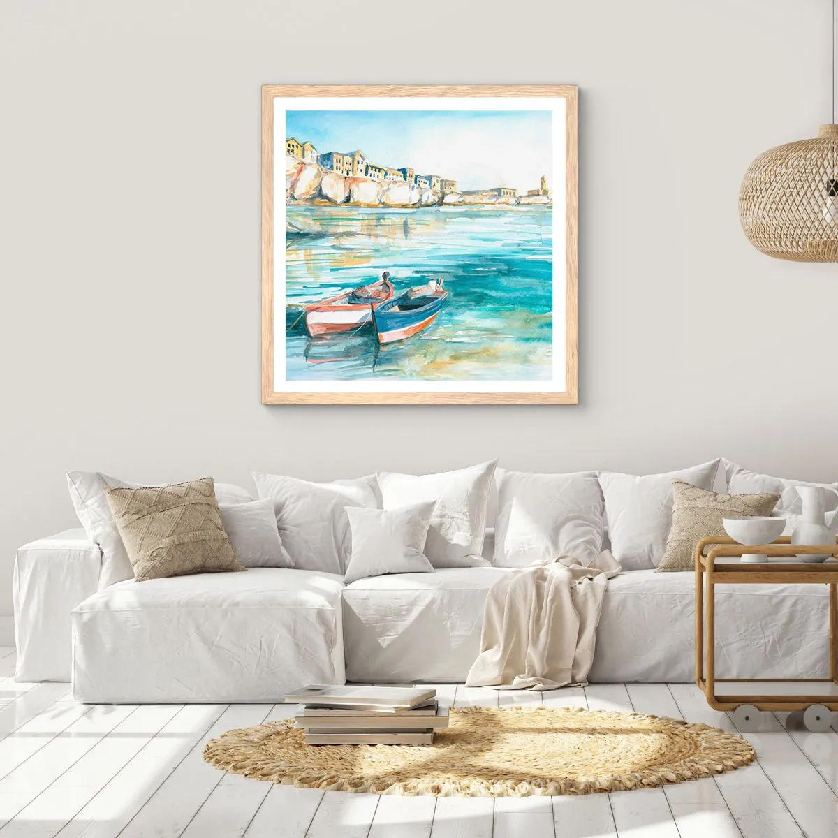 Poster in einem Rahmen aus heller Eiche - Landschaft in Azurblau - 30x30 cm